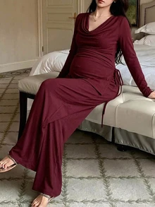Dazy Maternity Solid Color Elastic Drawstring Tie Cowl Neck T-Shirt & Wide Leg Pants 2 Pieces Set, Elegant Home Wear, Daily, Spring/Autumn, Maternity - Burgundy - View 6