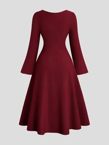 Sweetra Plus Size Women's Solid Color Front Tie Flare Sleeve Elegant Waist-Cinching A-Line Dress Fall - Burgundy - View 2