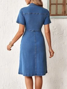 Selenza Plus Size Women's Short Sleeve Single-Breasted Pocket Design Casual Denim Dress - Blue - View 9