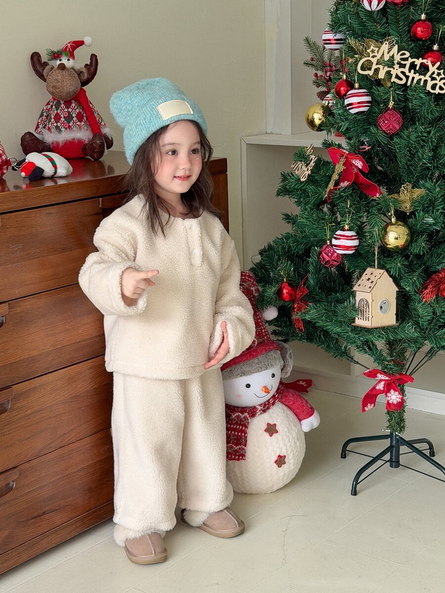 DAZY Infant/Toddler (Girl) Round Neck Solid Color Autumn/Winter Long Sleeve Fleece Sweatshirt Set - White - View 1
