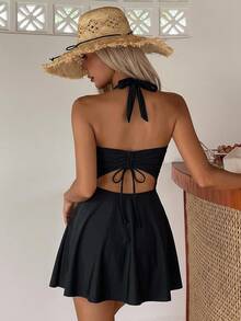 Livesso Baju Renang Terusan Model Halter Neck Warna Polos yang Mempesona dan Melangsingkan, Dilengkapi Celana Pendek, Cocok untuk Liburan di Pemandian Air Panas. - Hitam - View 2