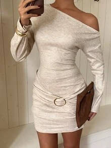 Siren Gaze Women's Solid Color Cold Shoulder Long Sleeve Ruched Mini Dress, Autumn - Apricot - View 3