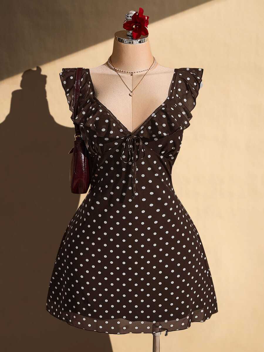 SHEIN ICON 女款大尺碼黑白波點荷葉邊下擺洋裝 - 咖啡棕 - 查看 1