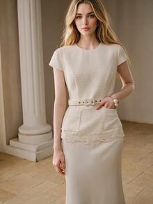 Anewsta Autumn Beige 2 In 1 Lightweight Dress With Textured Hem, Lace Trim And Belt For Women - Beige - View 3