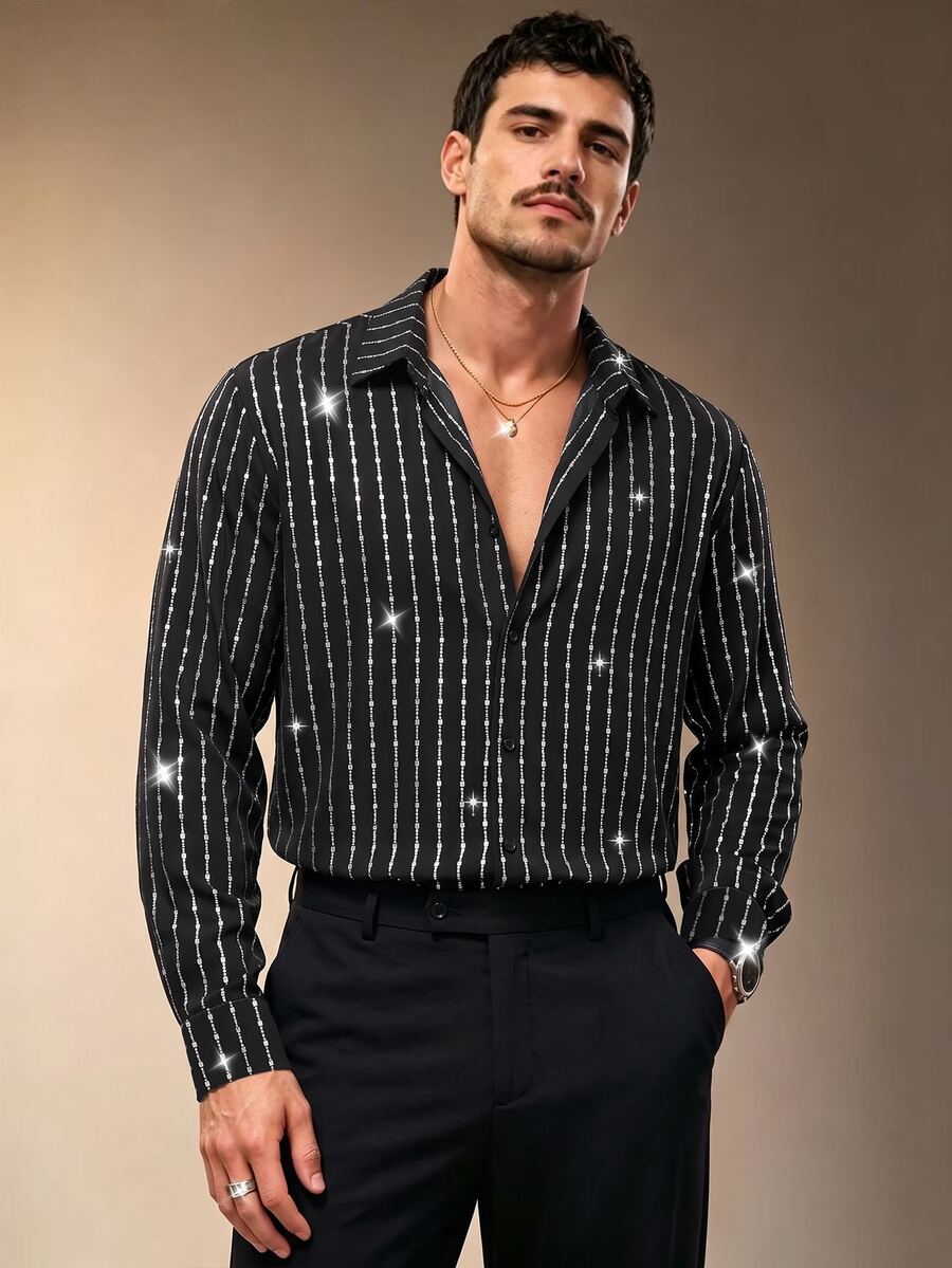 ZURIURI Men's Silver Sequin Fashion Long Sleeve Button-Up Shirt - Multicolor - View 1