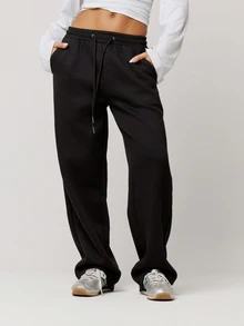 Musera Petite Flocking Wide Leg Joggers Tracksuit Bottoms Fall Autumn Winter Back To School Daily Everyday - Black - View 3