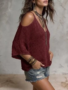 Solivie Women's Vacation Casual Colorblock Striped Cold Shoulder Spaghetti Strap Sweater - Burgundy - View 3