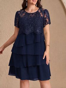 Reflora 大尺碼女款花瓣短袖蛋糕裙擺優雅洋裝 - 藏蓝色 - 查看 3