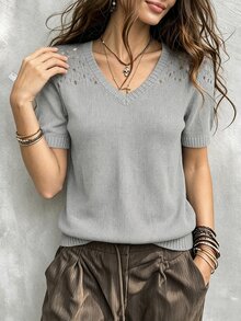 SHEIN Franclia Atasan Rajut Kasual Lengan Pendek Motif Berongga Warna Polos untuk Wanita - Grey - View 4