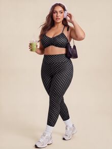 SHEIN Dewbera Women's Plus Size Polka Dot Print Cropped Tank Top And Leggings Sports Set - Black - View 1