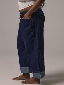 MUSERA Celana Capri Denim Biru Pinggang Sedang Potongan Lurus dengan Lipatan di Bagian Bawah Kasual Keren Dasar Musim Gugur Musim Dingin - Biru - View 4