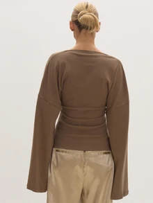 MUSEYN Brown Jersey V Neckline Batwing Top Basic Versatile Everyday Casual Fall - Coffee Brown - View 4