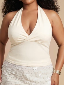 SHEIN BAE CURVE 純色極簡性感V領掛脖蝴蝶結肩帶百搭背心上衣，適合派對、度假、約會 - 杏色 - 查看 6
