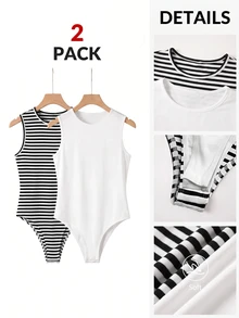 SHEIN BASICS Women's Round Neck Casual Tank Top Bodysuit - Multicolor - View 1