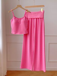 Comfortcana Women's Button Strap Tank Top And Striped Colorblock Pants 2 Pieces Set - Hot Pink - View 9