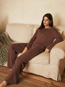 Lullawish Women's 100% Cotton Knitted Drop Shoulder Long Sleeve Top And Pants Pajama Set - Brown - View 5
