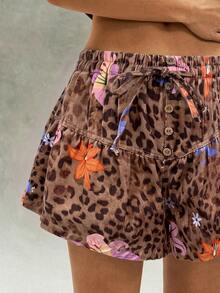 Bohemela Women's Street Fashion Leopard Print Drawstring Waist Button Shorts - Multicolor - View 2