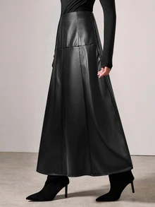 COSMINA Rok Wanita Bahan PU Hitam Elegan Minimalis Serbaguna untuk Perjalanan Musim Gugur/Dingin - Hitam - View 7