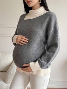 DAZY Patchwork Contrast Color Lapel Long Sleeve Loose Pullover Casual Daily Korean Style Autumn/Winter Thick Knit Sweater Maternity - Grey - View 1