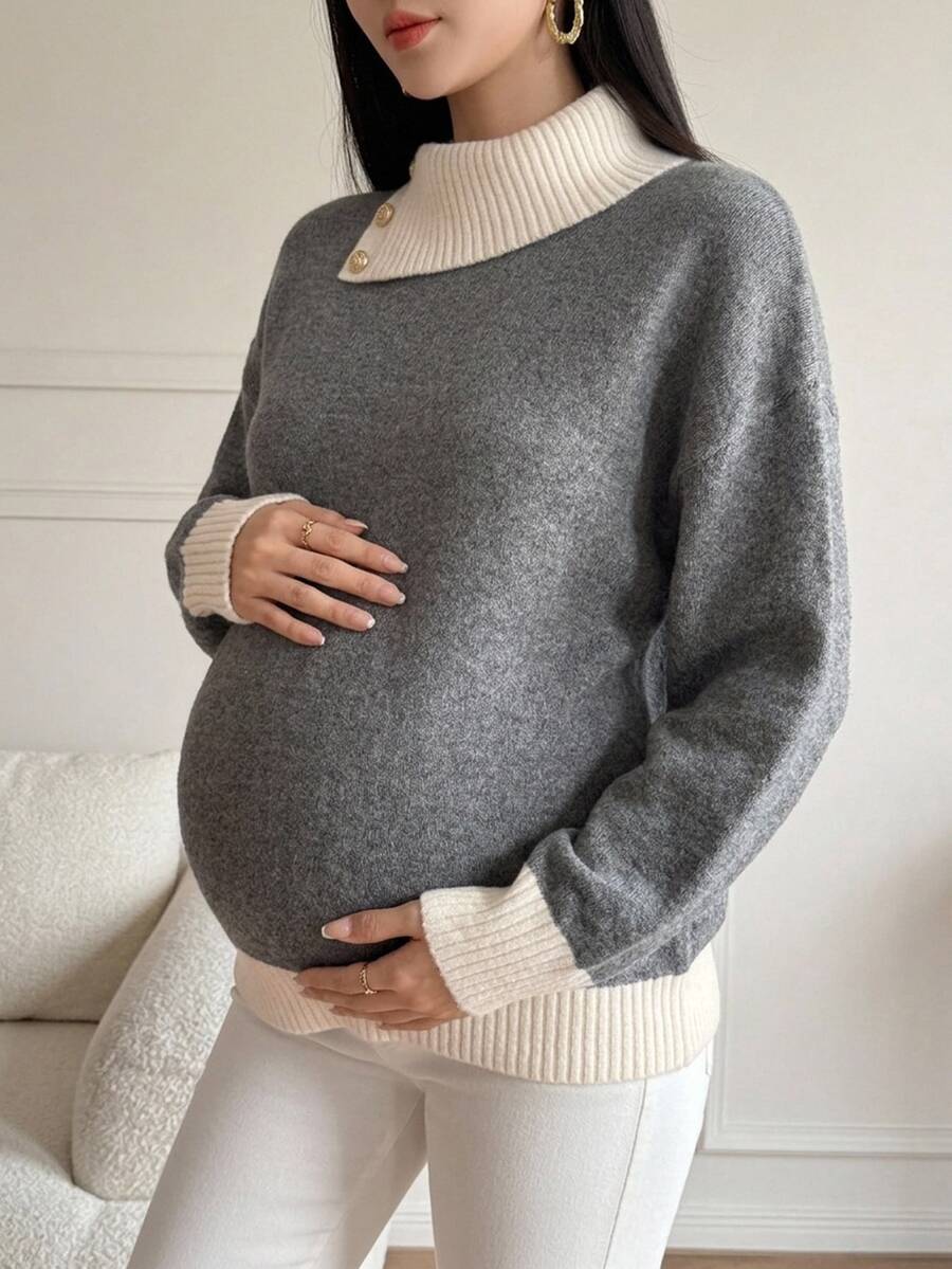 DAZY Patchwork Contrast Color Lapel Long Sleeve Loose Pullover Casual Daily Korean Style Autumn/Winter Thick Knit Sweater Maternity - Grey - View 1