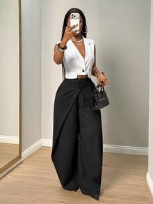BamGleam Women's Button Lapel Vest Jacket And Double Waistband Long Pants Suit Set - Black and White - View 6
