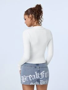 Y2Kool Cream White Ribbed Knit Women's Cardigan, Lapel Zipper Short Fitted Jacket, Korean Sweet Cool Casual Style, Commute Date Shopping Layering Top - White - View 2