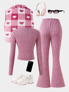 SHEIN 3件組 青少年女孩休閒絎縫背心、長袖修身T恤與V腰長褲套裝 - 彩色 - 查看 2