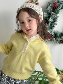 DAZY Infant/Toddler (Girl) Hooded Lace Patchwork Korean Style Long Sleeve Sweater - Yellow - View 4