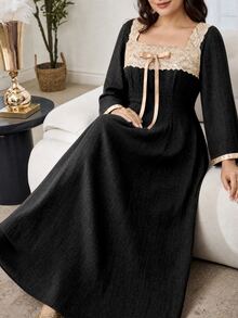 Lacomfia Women's Square Neck Long Sleeve Lace Contrast Color Bow Elegant Design High-End Textured Jacquard Solid Color Autumn/Winter Plus Size Dress - Black - View 5