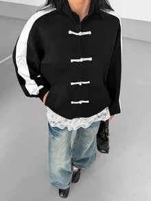 Flirla Casual Versatile Chinese Style Frog Button Cardigan Stand Collar Black & White Contrast Fashion Women's Jacket - Black and White - View 1