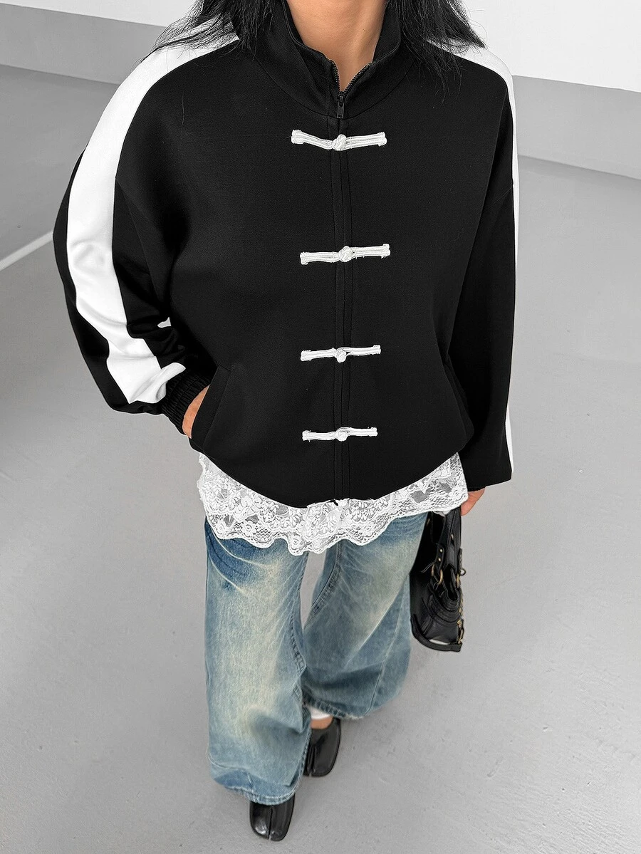 Flirla Casual Versatile Chinese Style Frog Button Cardigan Stand Collar Black & White Contrast Fashion Women's Jacket - Black and White - View 1