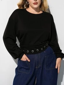 Maija Plus Size Women Solid Color Round Neck Drop Shoulder Long Sleeve Eyelet Design Casual Sweatshirt - Khaki - View 2