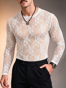 ZURIURI Men's Elegant Casual Lace Sheer Long Sleeve T-Shirt - White - View 6