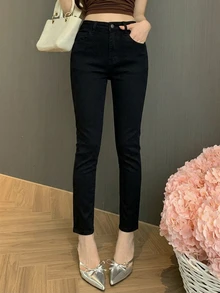 DAZY 女款高腰黑色純色修身鉛筆褲腳踝長度牛仔褲，休閒通勤辦公日常穿著，秋季/ - 黑色 - 查看 5
