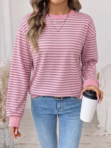 SHEIN LUNE 女款條紋休閒日常長袖運動衫 - 白色 - 查看 2