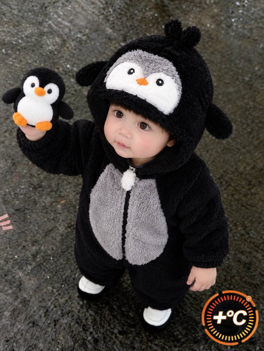 SHEIN Baby Boy Autumn/Winter Cartoon Penguin Design Colorblock Hooded Long Sleeve Jumpsuit, Versatile Comfortable Thermal Lined Thick - Black - View 1