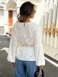 Serisse Women's Sweet Fashion Lace Criss-Cross Pleated Long Sleeve Blouse - Apricot - View 2