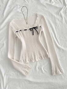 Elamini Women's Autumn/Winter Square Neck Lace Cable Knit Ribbed Texture Slim Fit Cute Bowknot Sweet Versatile Knit Sweater - Baby Pink - View 1