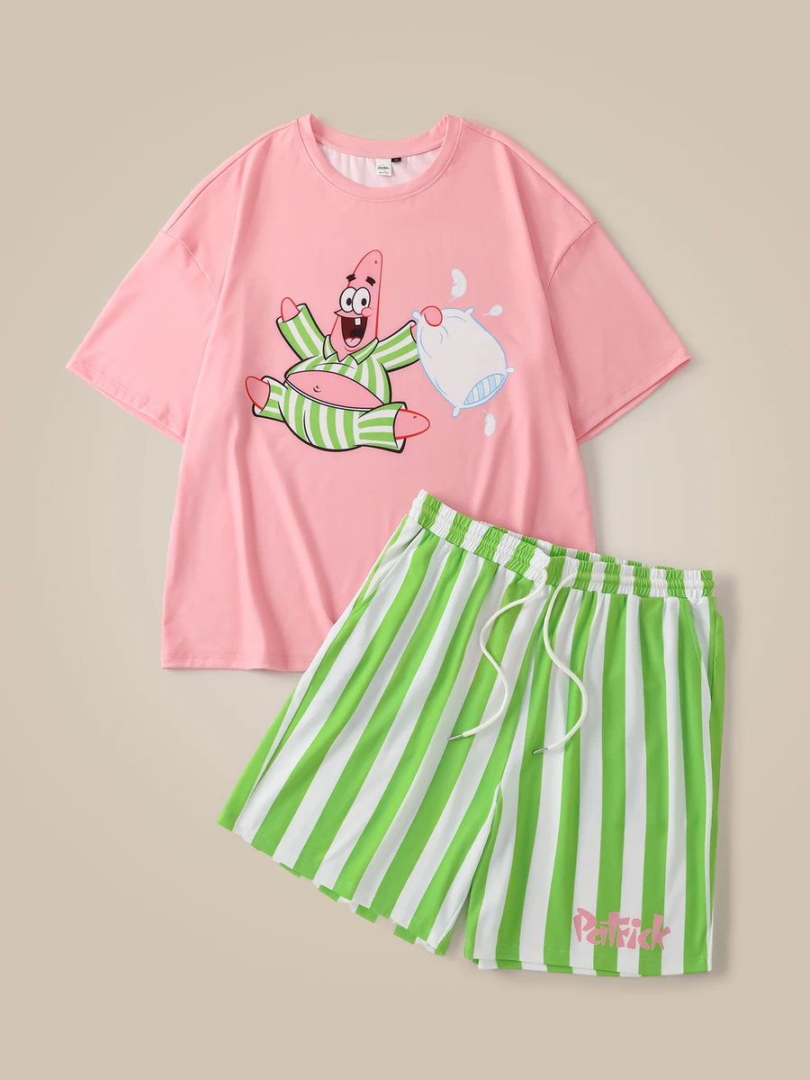 SpongeBob SquarePants | SHEIN Bộ đồ mặc nhà thường ngày nam size lớn họa tiết hoạt hình, áo tay ngắn và quần short - Hồng - Xem 1