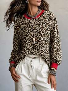 SHEIN Women's Autumn/Winter Casual Commute Loose Leopard Print Colorblock Long Sleeve Crew Neck Sweatshirt - Brown - View 4