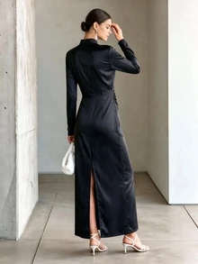 SHEIN Autumn New Chinese Satin Frog Button Cutout Ruched Split Midi Dress Vibe Fall Chinese Frog Button Side Ruched Back Split Party Dress - Black - View 2