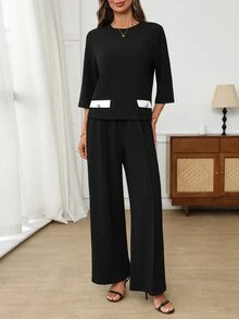 EMERY ROSE Women's Colorblock Round Neck 3/4 Sleeve Top And Long Pants Casual Everyday Set Autumn Clothes For Women Winter Set Elegant Women's Set - Black - View 3