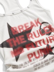 ROMWE Grunge Punk Grunge Emo Girl Distressed Sad Aesthetic Star Slogan Print Punk Metal Star Rivet Fitted Tank Top - White - View 4