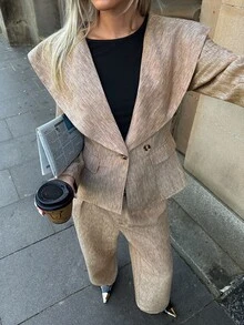 Aloruh Women's Autumn/Winter Brown Textured Lapel Waist-Cinching Blazer + Striped Wide-Leg Long Pants Suit Set - Brown - View 1