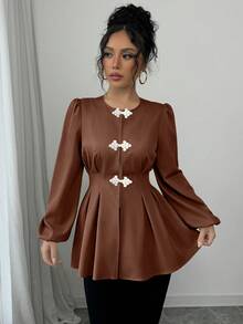 Fine & Folde Women's Round Neck Pleated Casual Versatile Daily Wear Blouse - Coffee Brown - View 4