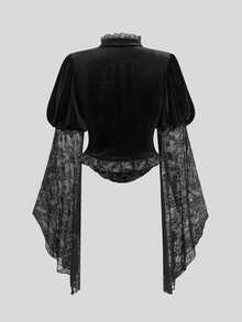 Sweetra Plus Size Dark Style Velvet Stand Collar Lace Patchwork T-Shirt - Black - View 2