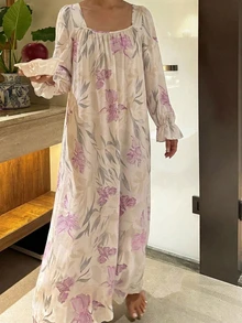 DAZY 度假風花卉印花全印輕量長款細肩帶睡裙 女款 - 白色 - 查看 6