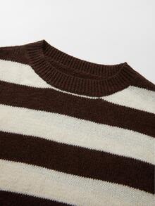 SHEIN Fall Casual Striped Knit Top, Round Neck Drop Shoulder Half‑Sleeve Loose Women Pullover - Multicolor - View 3