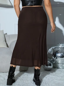 SHEIN EZwear 大尺碼女款純色高腰優雅棕色秋季裙 - 棕色 - 查看 2