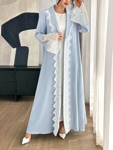 Graceveil Women's Contrast Lace Long Sleeve Elegant Arabic Abaya - Baby Blue - View 1